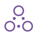A geometric design of five purple circles with a central small circle, surrounded by three larger circles, connected by lines forming a triangular layout on a white background.