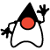 A red circle sits on top of a black, curved shape resembling an abstract letter A against a white background.