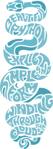 Illustration of a blue snake with the words "Beautiful blue sky, bright sun, and airplanes moving, winding through the clouds" in its body.