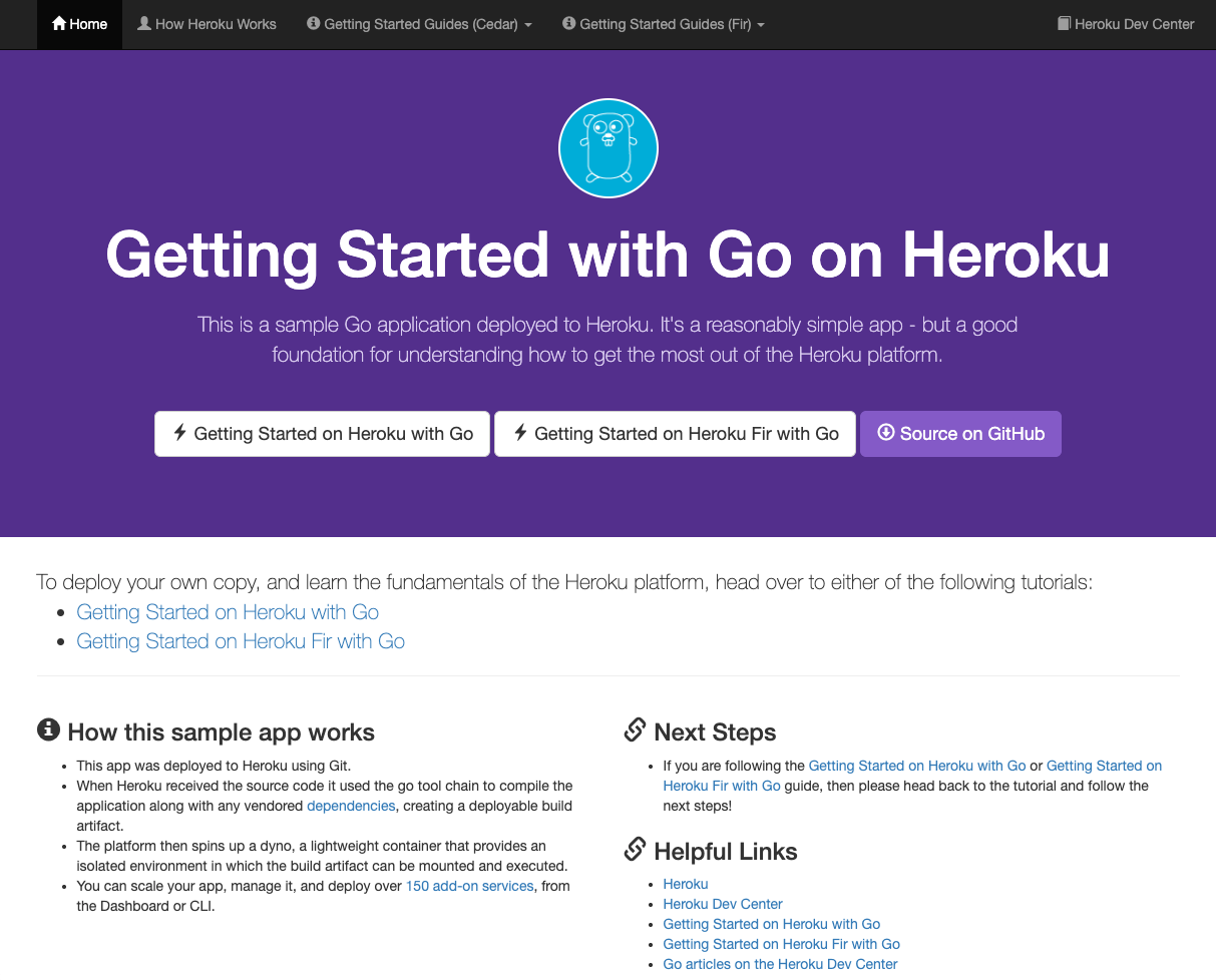 Screenshot of a web page titled "Getting Started with Go on Heroku," featuring buttons for starting with Go, app functions, next steps, and helpful links. 