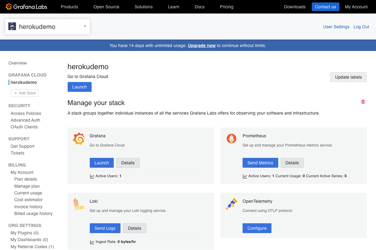A Grafana Labs dashboard displays stack management options for Grafana, Prometheus, Loki, and OpenTelemetry, with buttons for launching, sending metrics, and configuring services.